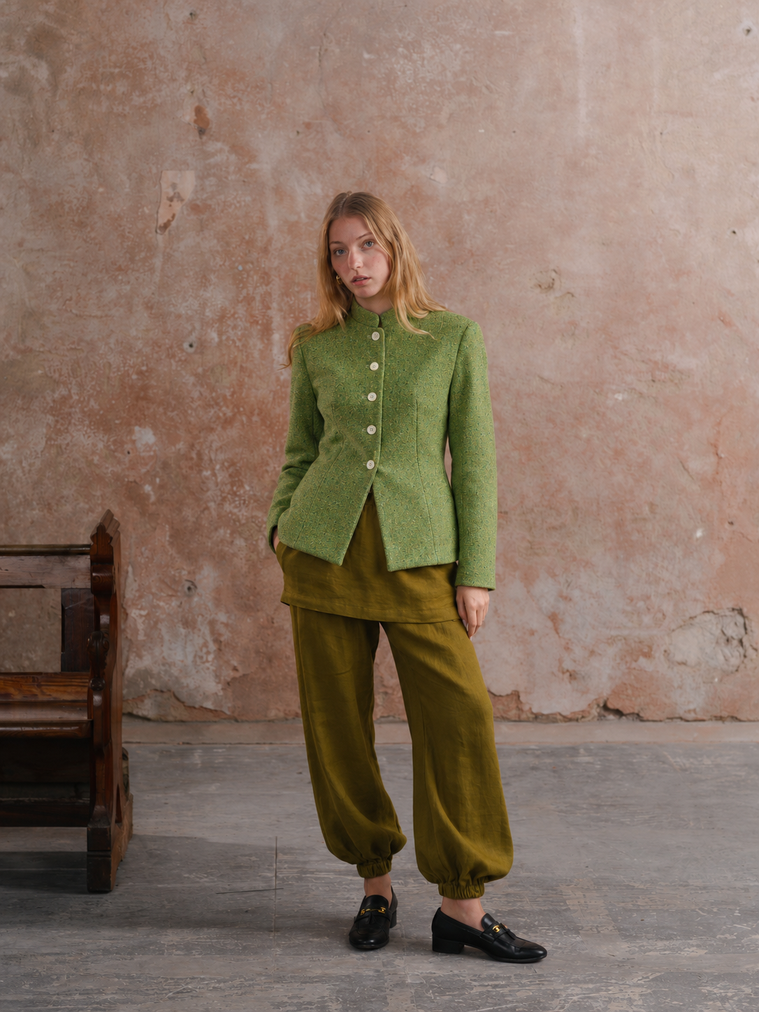 Inheritance Blazer in Shamrock tweed, full-length with Army Washed Off Duty Joggers.