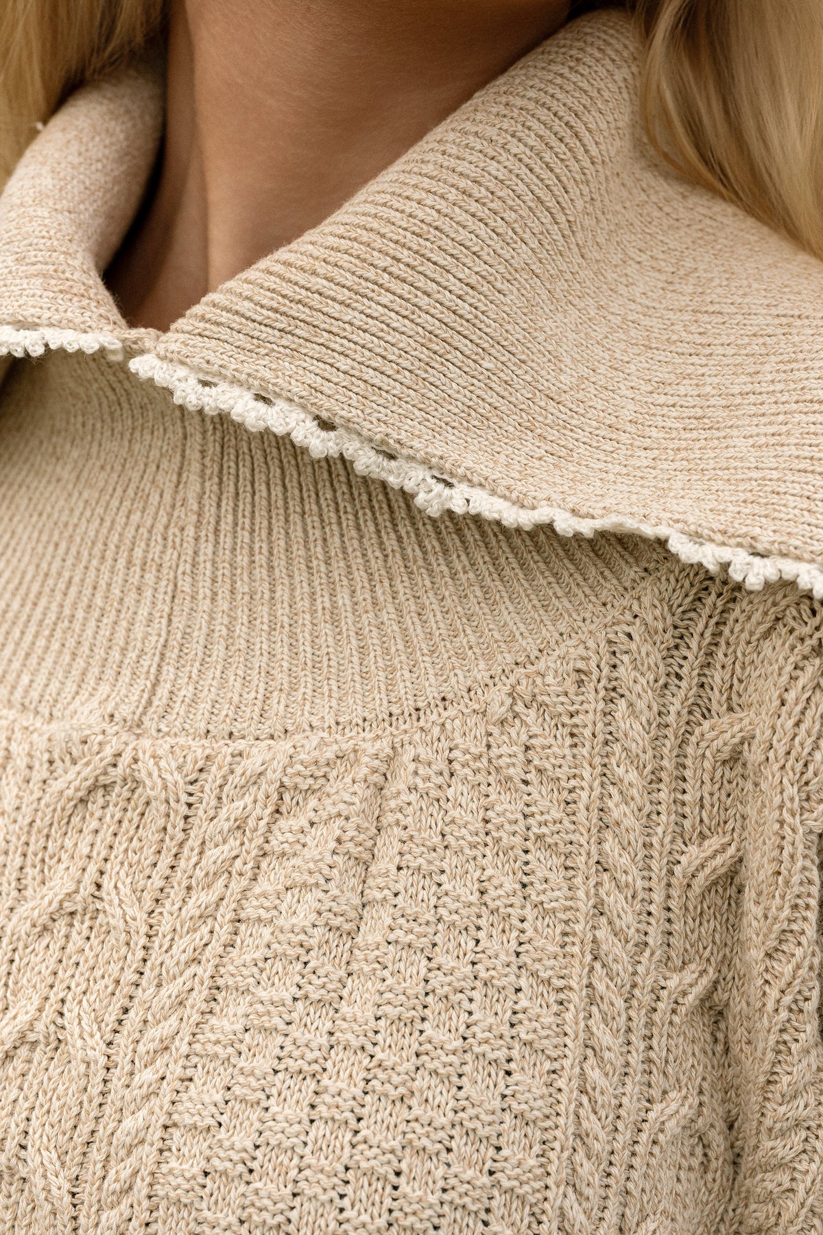 The collar of the Kindred Aran jumper, edged in crochet