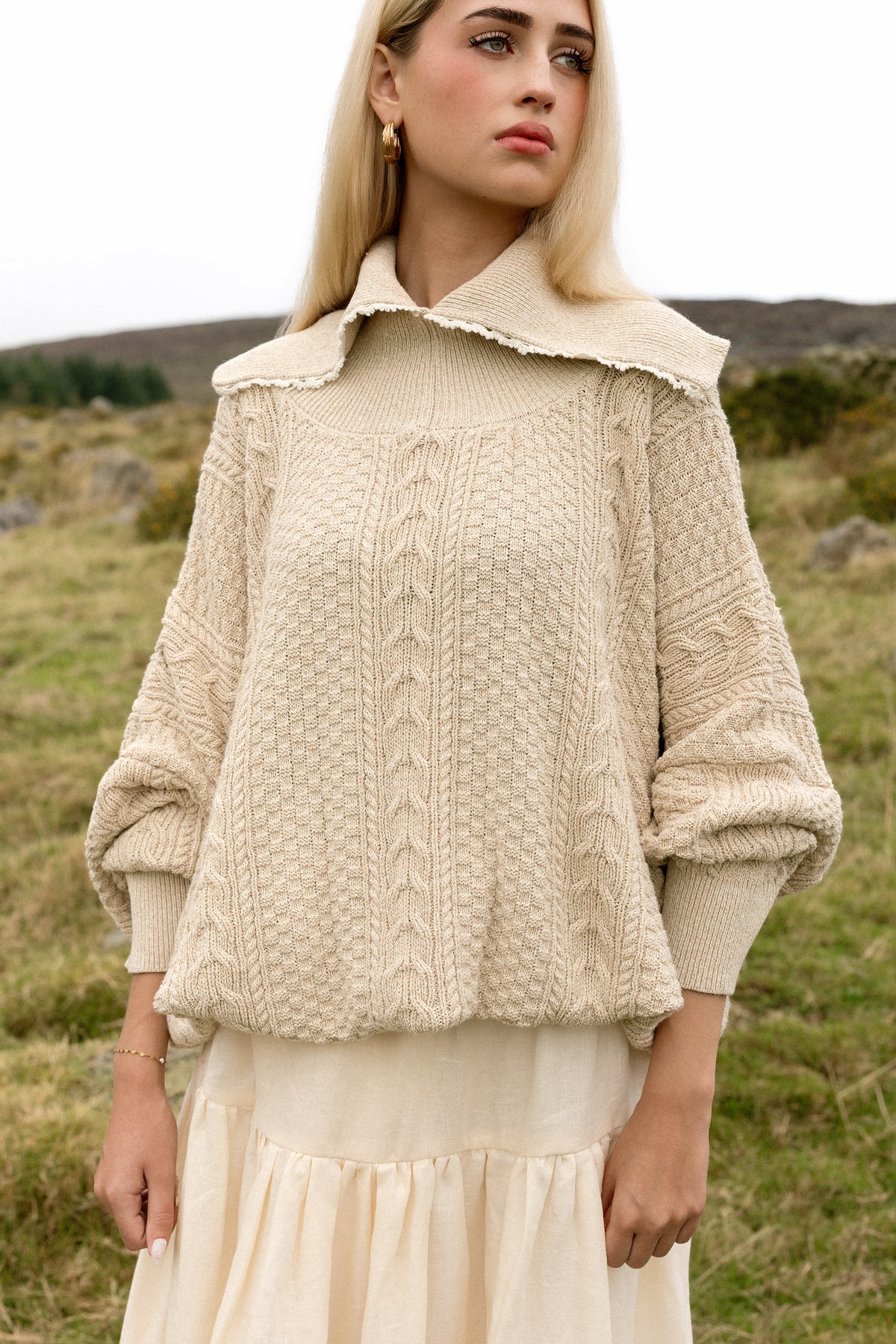 The cables and collar of the Aran Jumper, close up