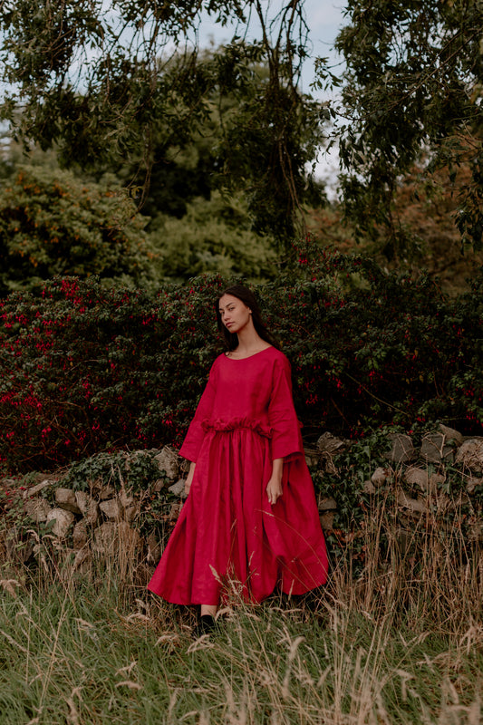 THE PUFF DRESS | POPPY | Our playful party dress this season.An effortless and feminine silhouette with a playful burst of puffed linen at the waist. Can be worn both ways, with 'V' to the front or back. The 'poppy' colourway is vibrant and fun. Created w