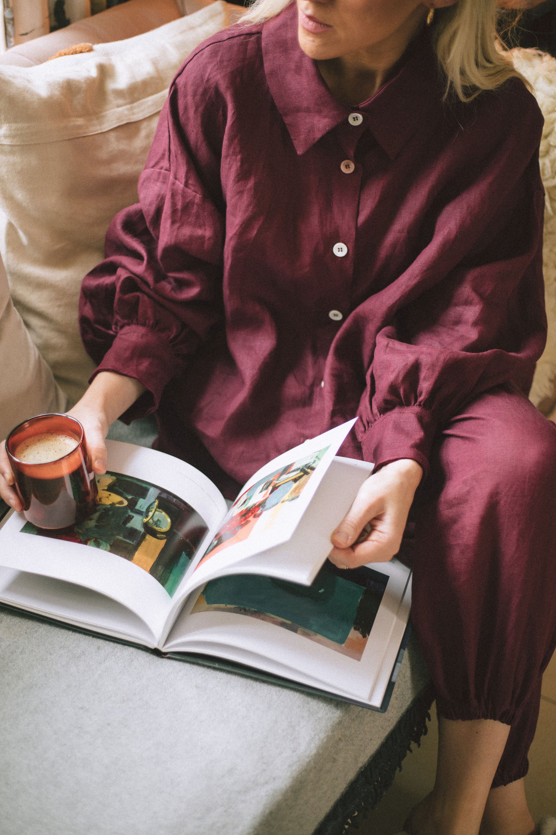 MERLOT LOUNGEWEAR SET | Our signature Cadhla loungewear set in a new rich colourway - Merlot. This set is designed to wear both in and out of the house. The buttons on the Cadhla blouse can also be worn to the back, making this a versatile wardrobe staple