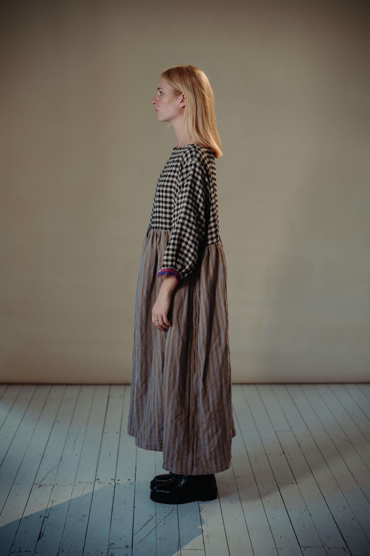 DELILAH DRESS | PATCHWORK | The Delilah Dress in patchwork. Created with beautiful soft tones of washed linen. A new silhouette for us - the dress features a longer hem and wide neckline. Works nicely with our new Mel knitted vest. Side seam pockets. Made