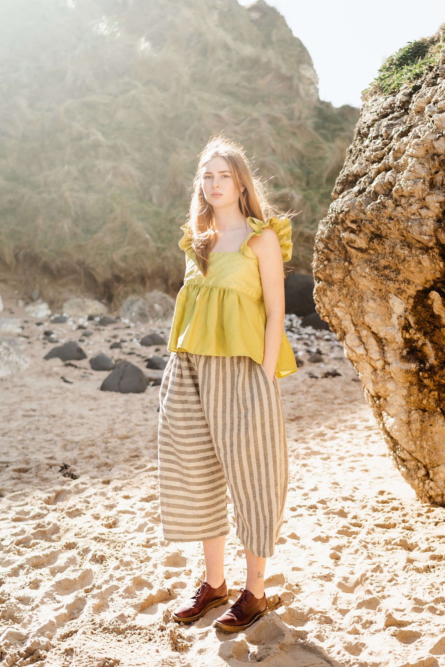 AMELIA TROUSERS | A fun and easy throw on trouser A relaxed, wide leg fit with elasticated waist, these are a real staple for Summer. The Amelia trousers are a classic wide leg fit. Featuring a play on stripe direction - they will add playfulness and fun