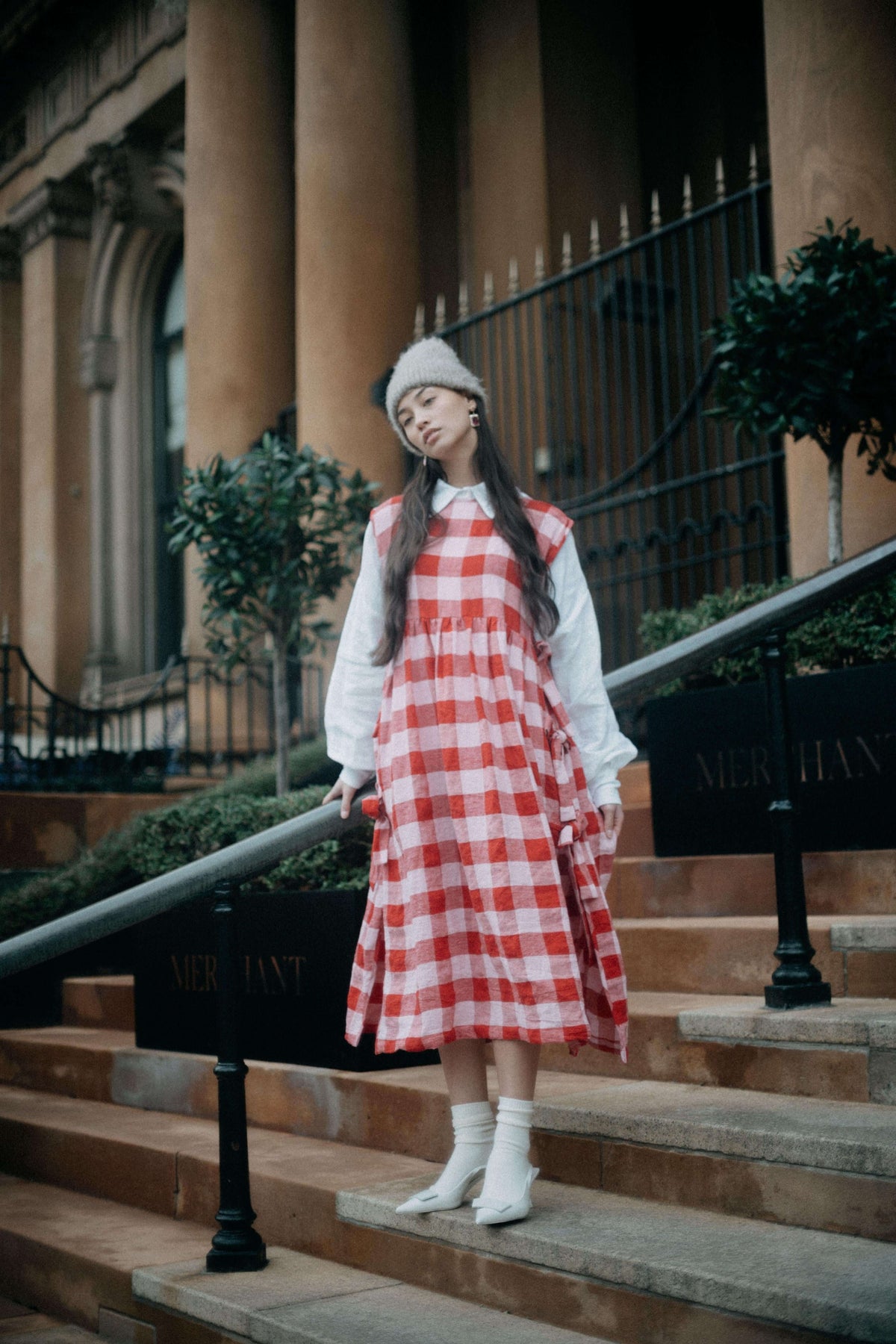 strapless open back dress Red Check Christmas Girl Pinafore Dress Hoilday Check Cotton Red Dress –  Bandel Boutique main image 0