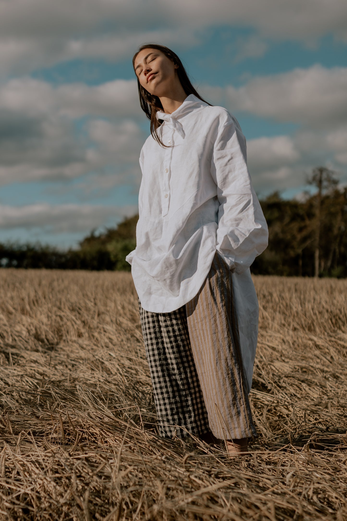 AMELIA TROUSERS | PATCHWORK | Our new patchwork amelia trousers with contrasting legs. Created with soft tumbled Irish linen in black/natural gingham and lavender/olive stripe. Oversized fit, elasticated waist and side seam pockets.