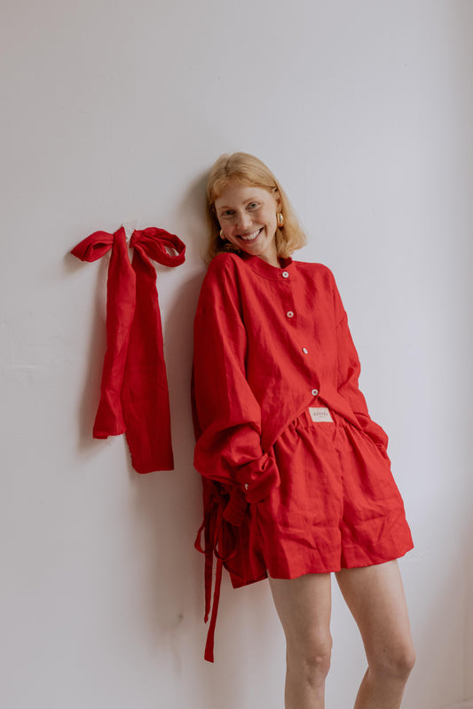 BOW LOUNGE SET | *Ready to Ship for Valentines ❤️ A new special edition lounge set in our poppy red linen. The oversized shirt features a fold over detail beneath the arm which ties into a fun bow detail on either side. Wear with matching shorts, or by it