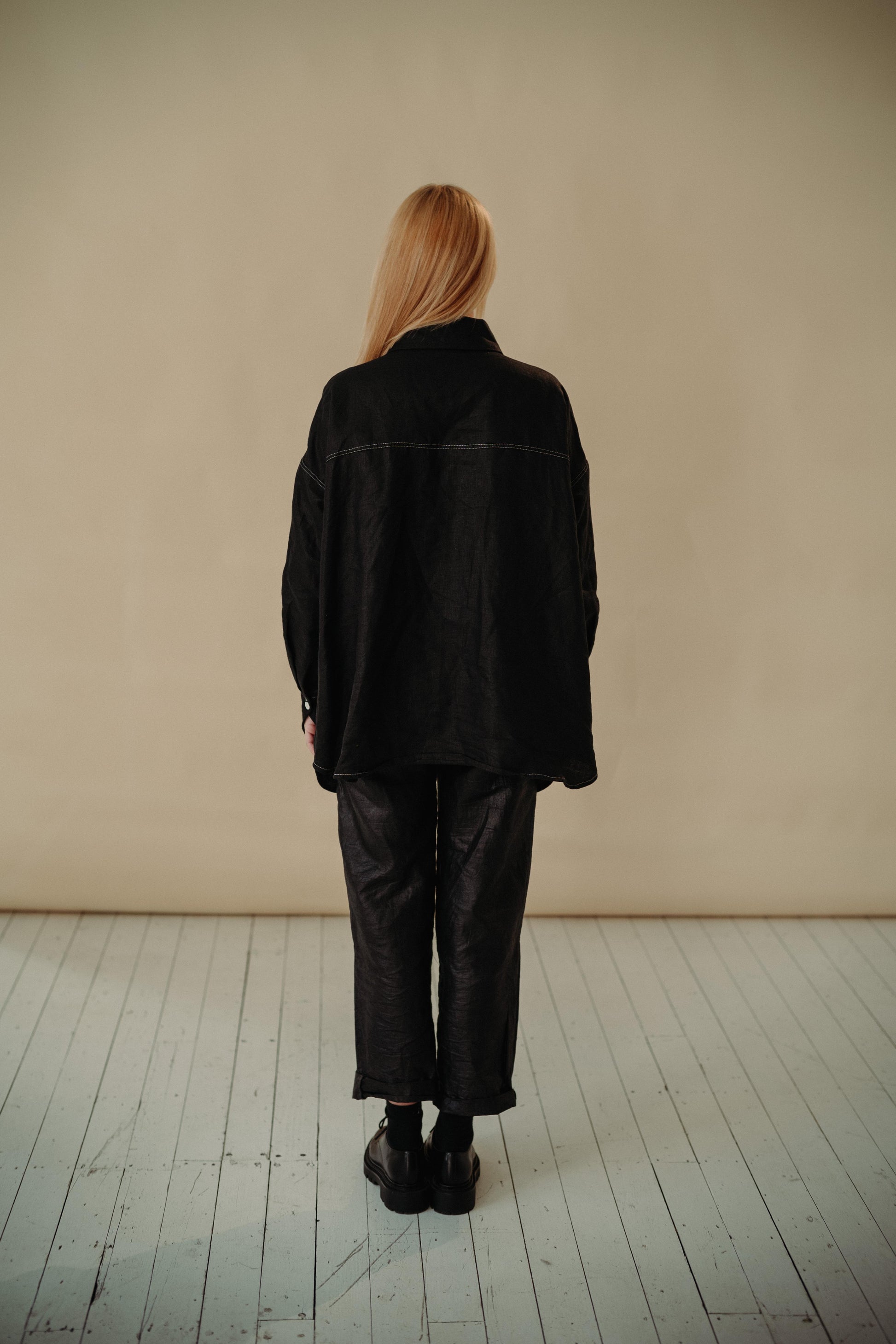 DAD SHIRT | BLACK | The Dad shirt- inspried by one of Amy's favourite oversized shirts, poached from her Dad's wardrobe! The shape of the shirt has been carefully considered- a longer length, oversized pocket, collar and cuff details make this a wardrobe