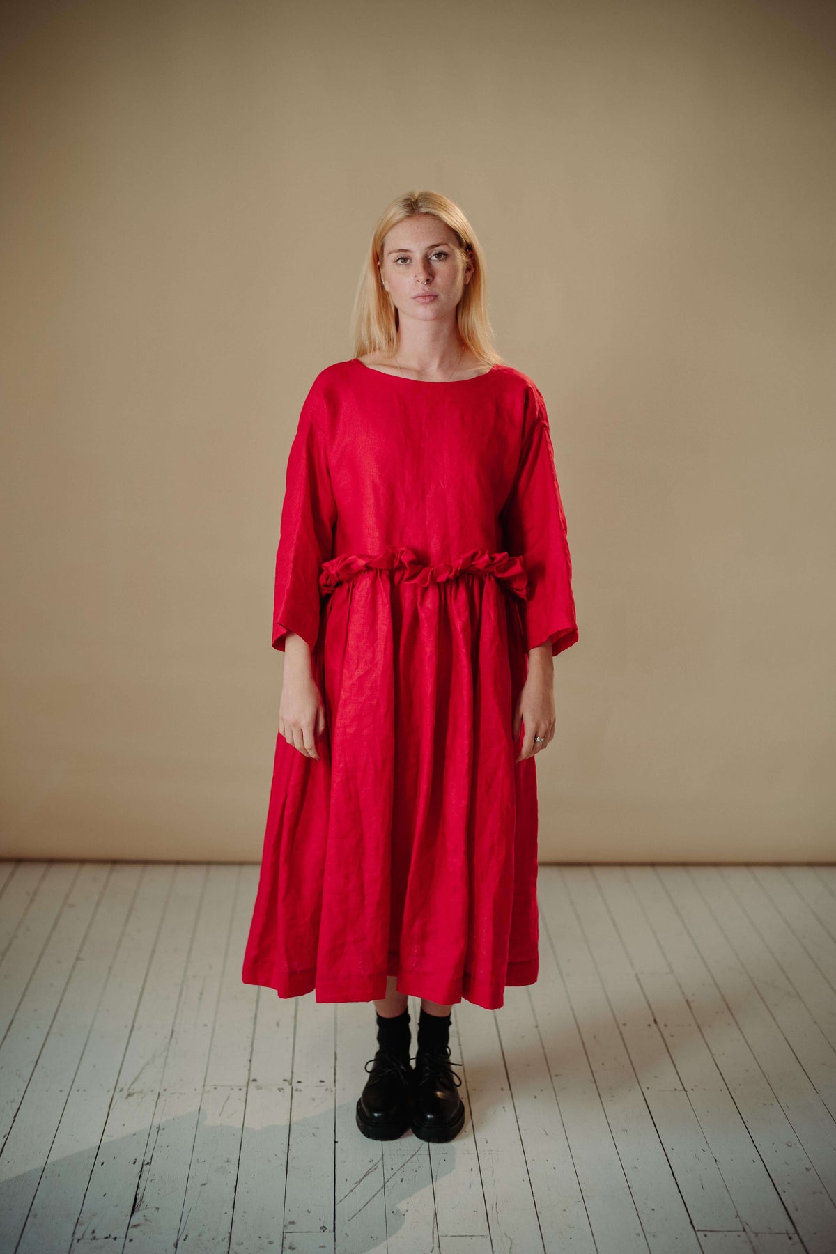 THE PUFF DRESS | POPPY | Our playful party dress this season.An effortless and feminine silhouette with a playful burst of puffed linen at the waist. Can be worn both ways, with 'V' to the front or back. The 'poppy' colourway is vibrant and fun. Created w