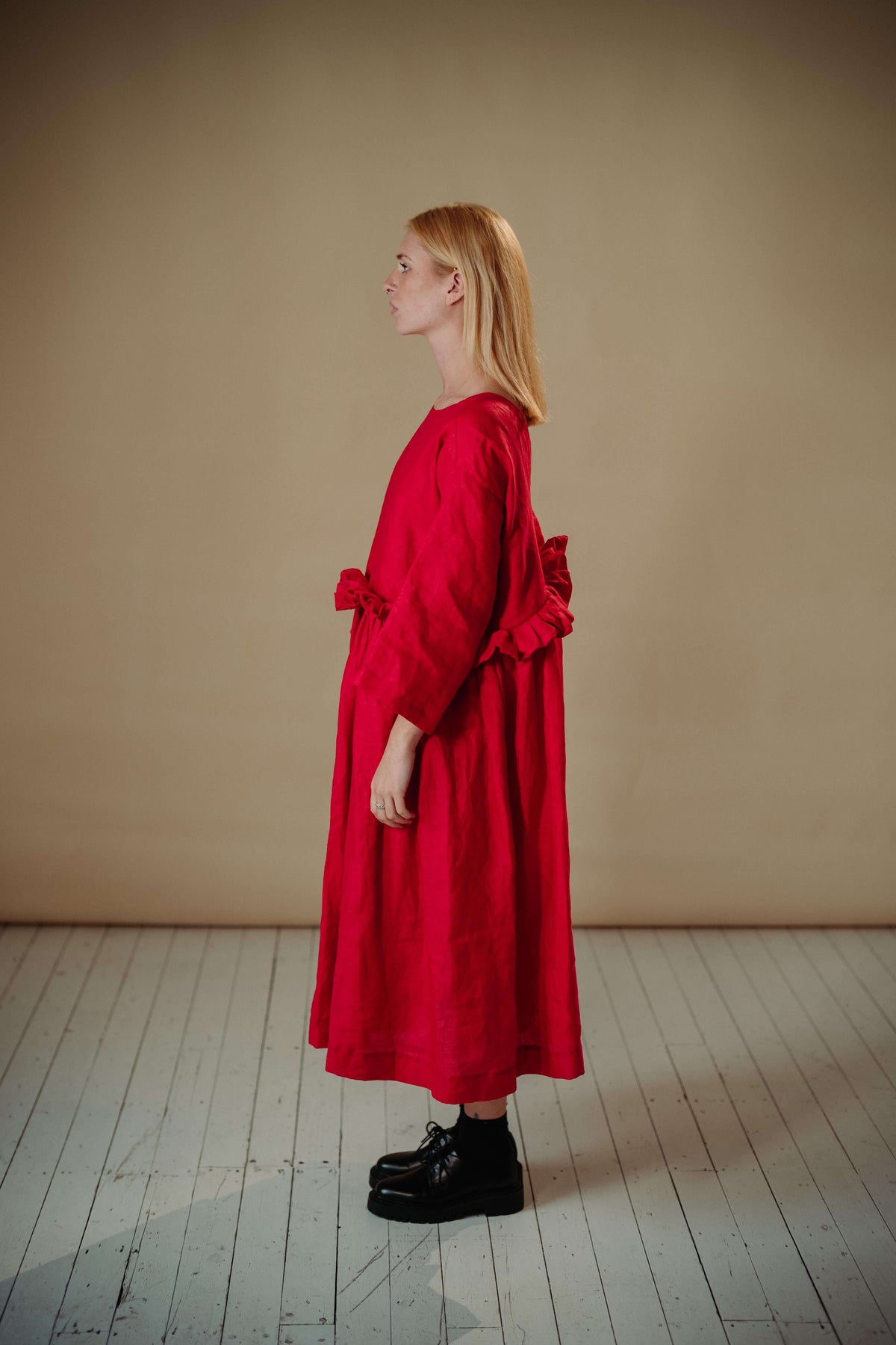 THE PUFF DRESS | POPPY | Our playful party dress this season.An effortless and feminine silhouette with a playful burst of puffed linen at the waist. Can be worn both ways, with 'V' to the front or back. The 'poppy' colourway is vibrant and fun. Created w