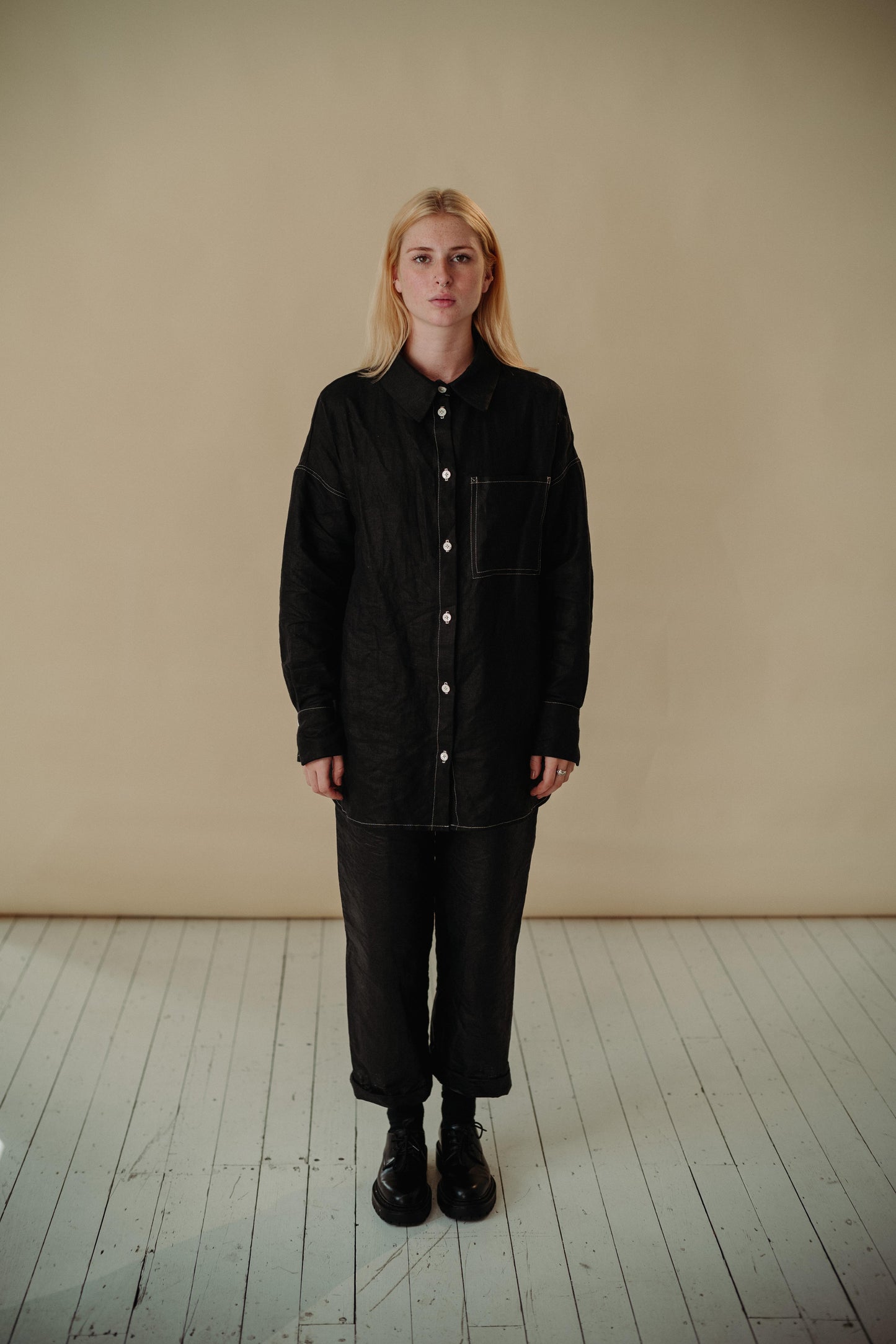 DAD SHIRT | BLACK | The Dad shirt- inspried by one of Amy's favourite oversized shirts, poached from her Dad's wardrobe! The shape of the shirt has been carefully considered- a longer length, oversized pocket, collar and cuff details make this a wardrobe