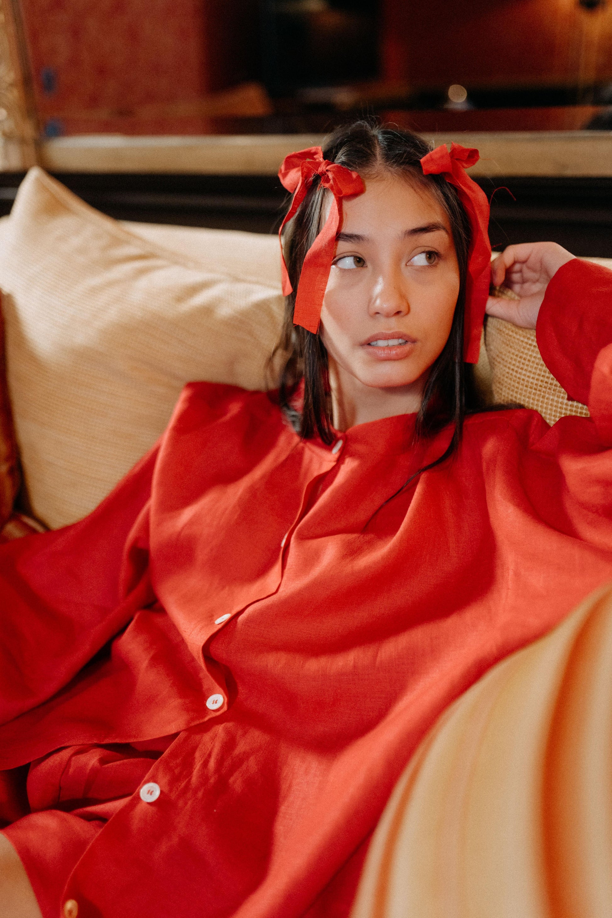 BOW SHIRT | RED | *Ready to Ship for Valentines ❤️A new special edition lounge set in our poppy red linen. The oversized shirt features a fold over detail beneath the arm which ties into a fun bow detail on either side. Wear with matching shorts, or by it