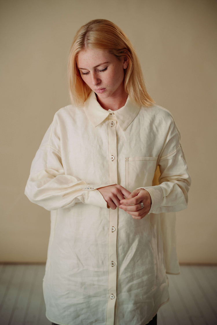 DAD SHIRT | ECRU TWILL | The Dad shirt- inspried by one of Amy's favourite oversized shirts, poached from her Dad's wardrobe! The shape of the shirt has been carefully considered - a longer length, oversized pocket, collar and cuff details make this a war