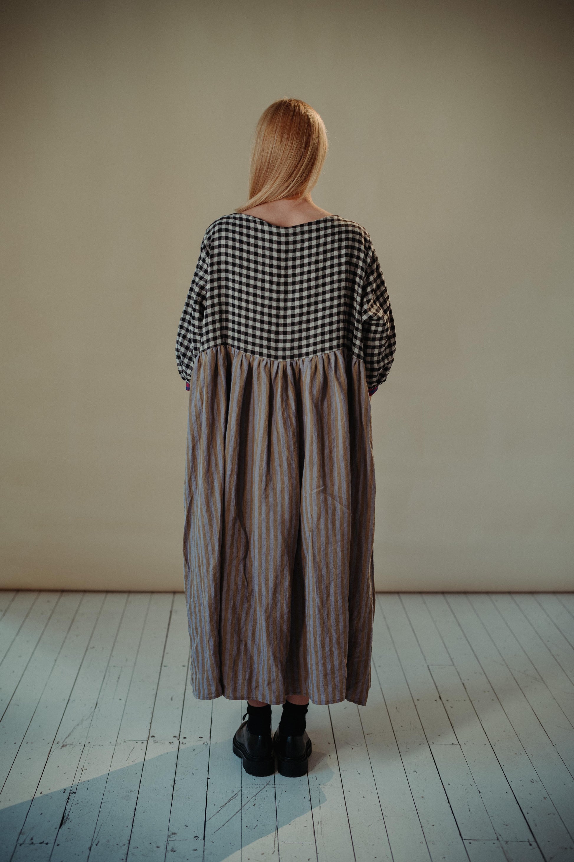 DELILAH DRESS | PATCHWORK | The Delilah Dress in patchwork. Created with beautiful soft tones of washed linen. A new silhouette for us - the dress features a longer hem and wide neckline. Works nicely with our new Mel knitted vest. Side seam pockets. Made