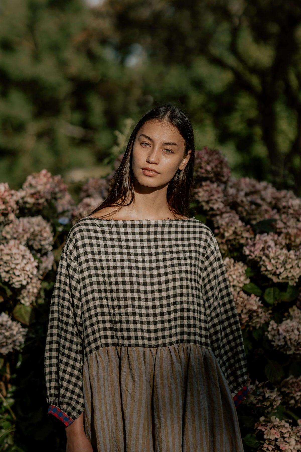 DELILAH DRESS | PATCHWORK | The Delilah Dress in patchwork. Created with beautiful soft tones of washed linen. A new silhouette for us - the dress features a longer hem and wide neckline. Works nicely with our new Mel knitted vest. Side seam pockets. Made