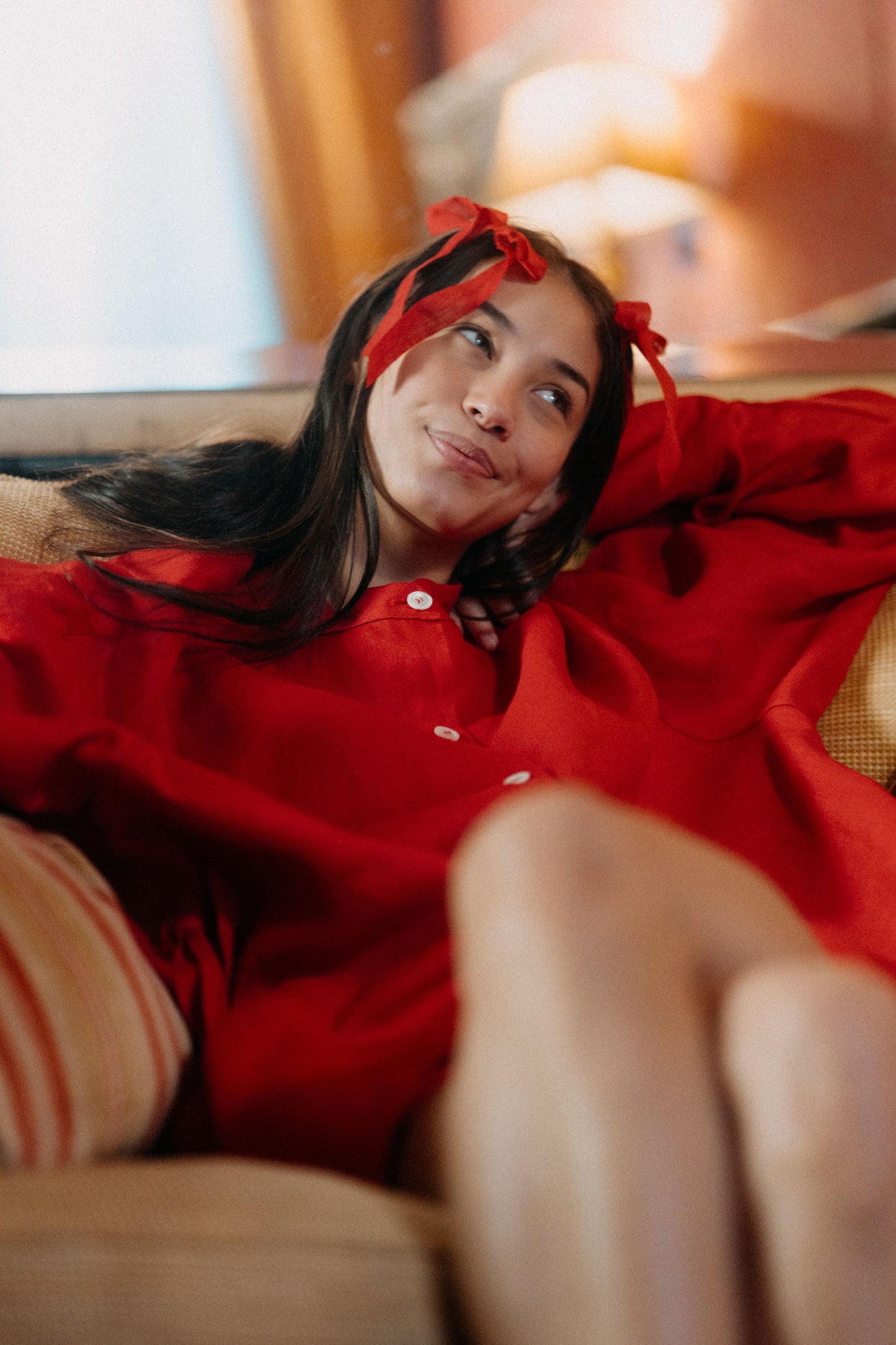 BOW LOUNGE SET | *Ready to Ship for Valentines ❤️ A new special edition lounge set in our poppy red linen. The oversized shirt features a fold over detail beneath the arm which ties into a fun bow detail on either side. Wear with matching shorts, or by it