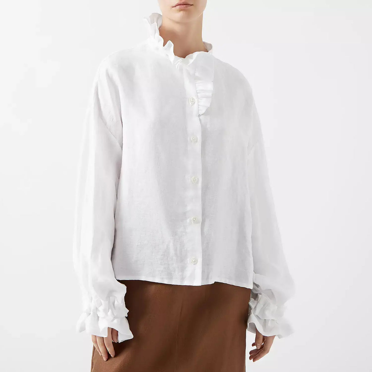MARSHMALLOW- WHITE | An updated colourway of our favourite 'Marshmallow Blouse' for AW23- created in a luxurious white linen, this one is a play on the classic white linen shirt. Like many of our styles, this one can be worn with buttons to the front or t