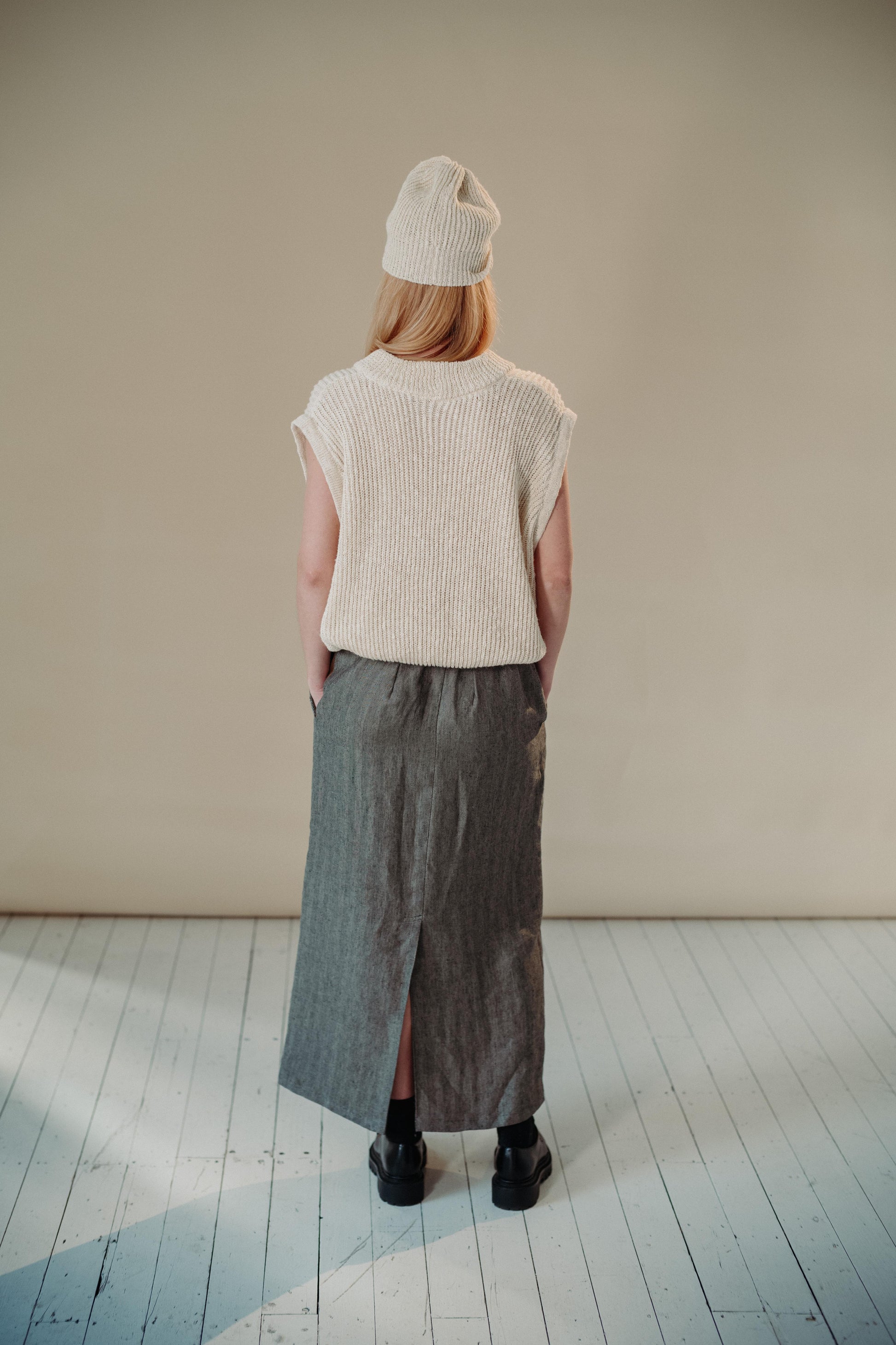 HERRINGBONE SKIRT | The herringbone skirt is based off one of Amy's favourite vintage skirts. The simple long line silhouette will add an elegant look to your winter knits and shirts. Dress up with heels or contrast with a sneaker. Created with a lovely h