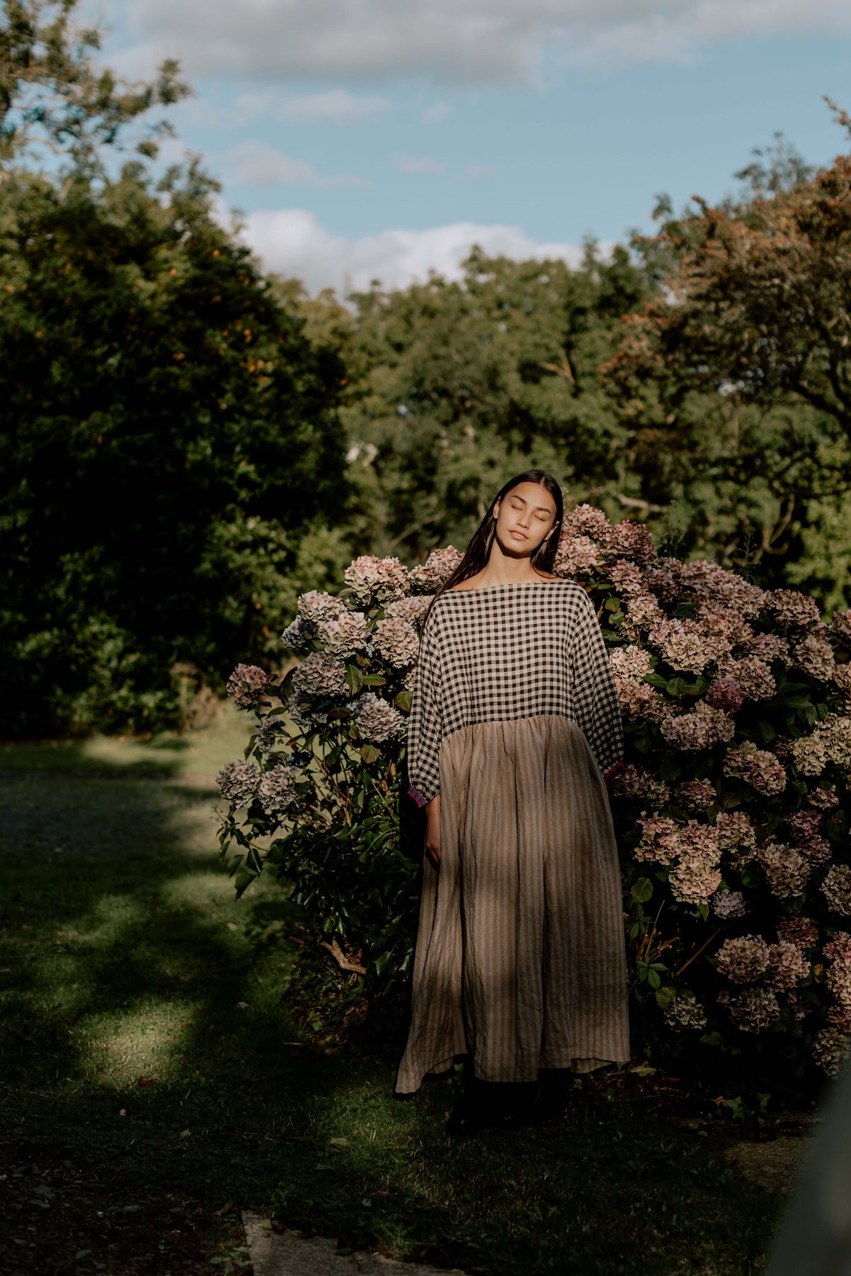 DELILAH DRESS | PATCHWORK | The Delilah Dress in patchwork. Created with beautiful soft tones of washed linen. A new silhouette for us - the dress features a longer hem and wide neckline. Works nicely with our new Mel knitted vest. Side seam pockets. Made
