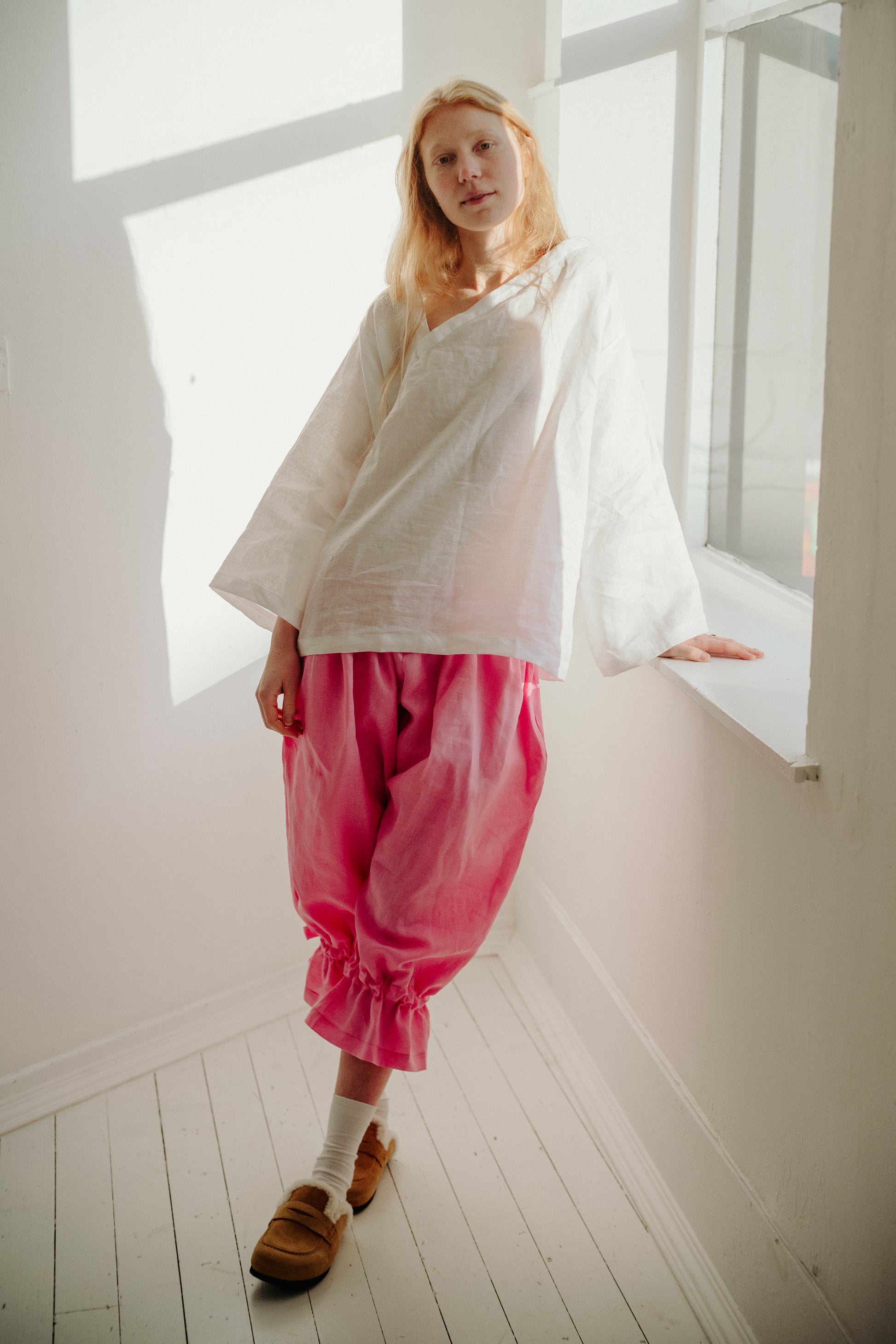 CANDY BLOOMERS | Our best selling bloomers in candy. They are fun and very wearable. An oversized ‘jogger’ style with elasticated waist, they feature bow fastenings at the bottom which can be tightened to create a frill at the ankle. They can also be worn