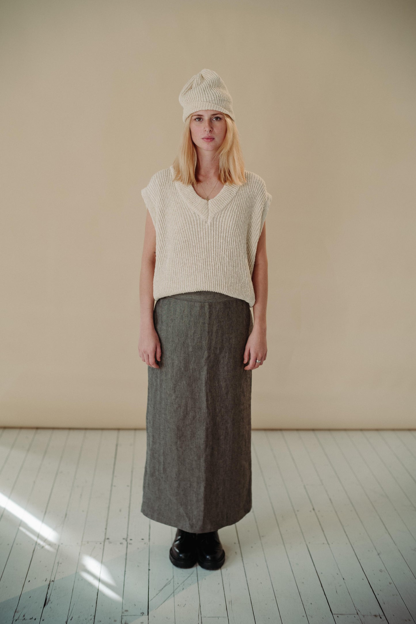 HERRINGBONE SKIRT | The herringbone skirt is based off one of Amy's favourite vintage skirts. The simple long line silhouette will add an elegant look to your winter knits and shirts. Dress up with heels or contrast with a sneaker. Created with a lovely h