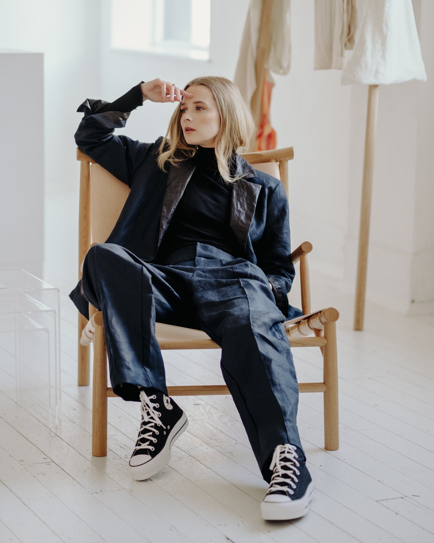 NAVY | BLACK BEETLED SUIT JACKET | Our spin on the classic suit jacket. Our new suit is where structure and tailoring meet relaxed oversized fit, making it a perfect day to day throw on that is versatile enough to wear to the office as well as a festive p