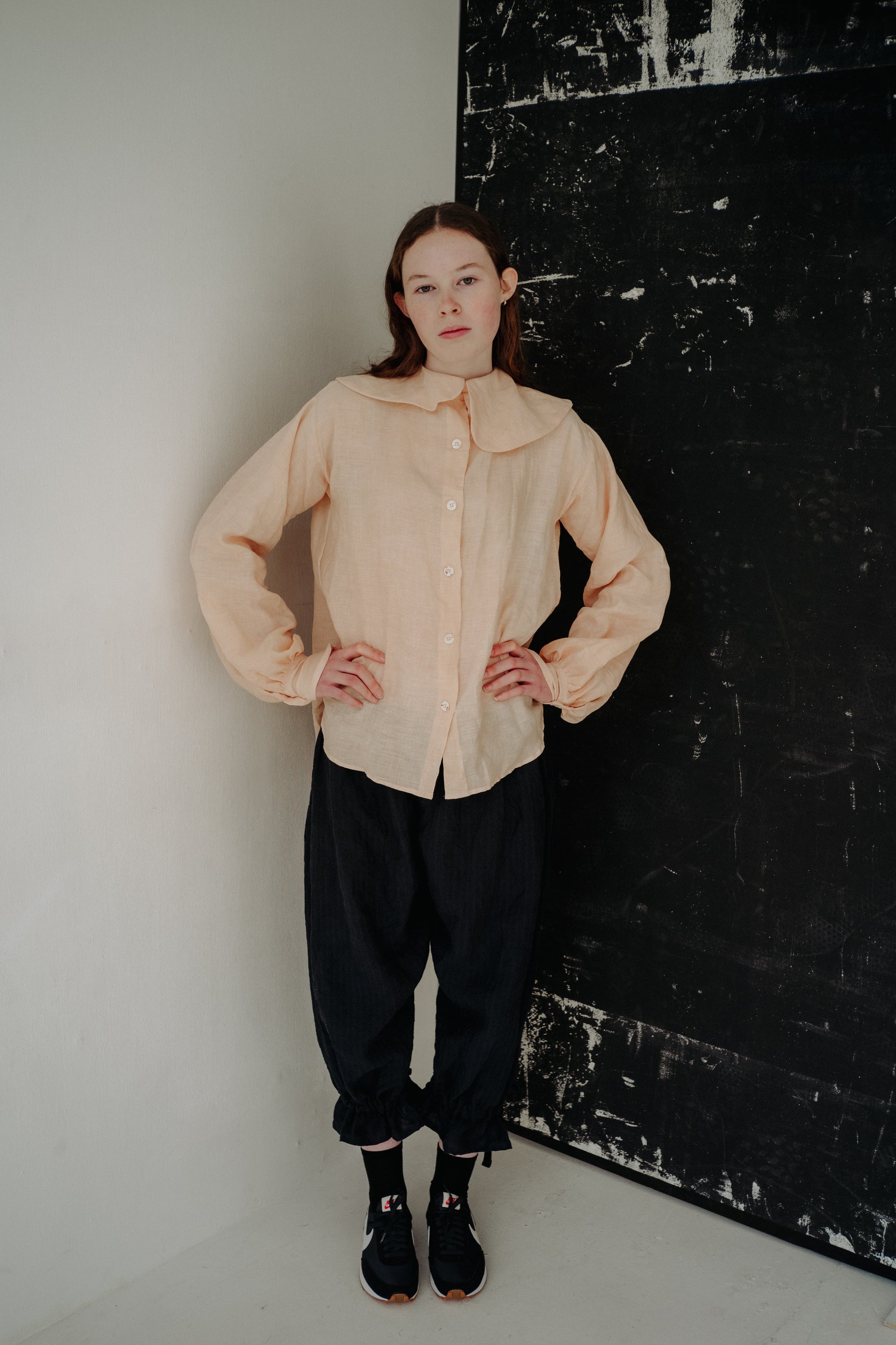 TABITHA BLOUSE | A fun update on our Willow blouse but with big collar drama. The Tabitha blouse features an oversized, asymmetric collar and cuffs with subtle embroidery detail on the back. Created with a very special naturally dyed linen, each blouse ca