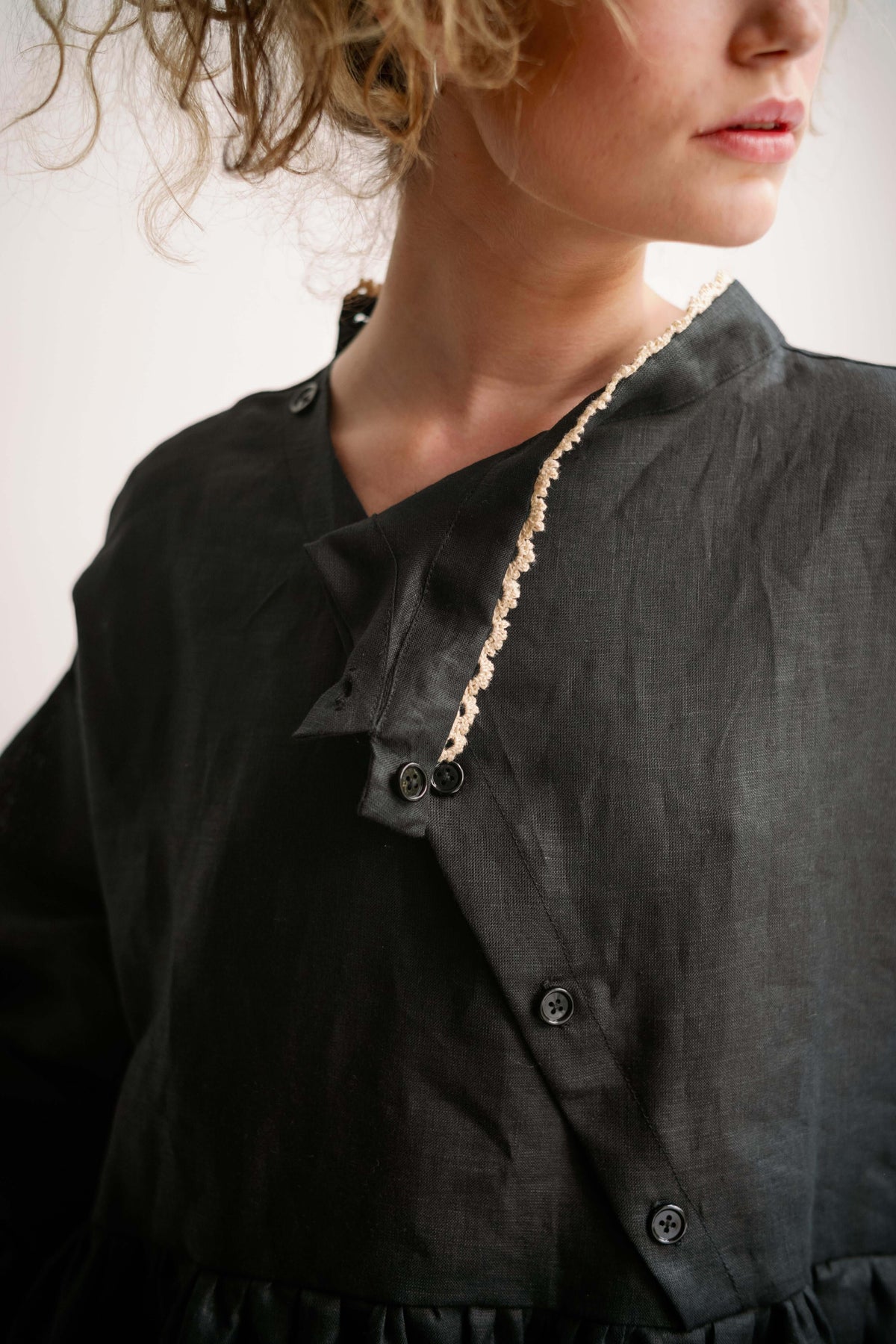 VIVIENNE DRESS | A design based on our bestselling Vivienne Blouse, we thought it time to offer her in a dress version. Featuring optional Irish crochet at the collar and assymetric button detail, this one can be worn to the front or reversed to wear butt