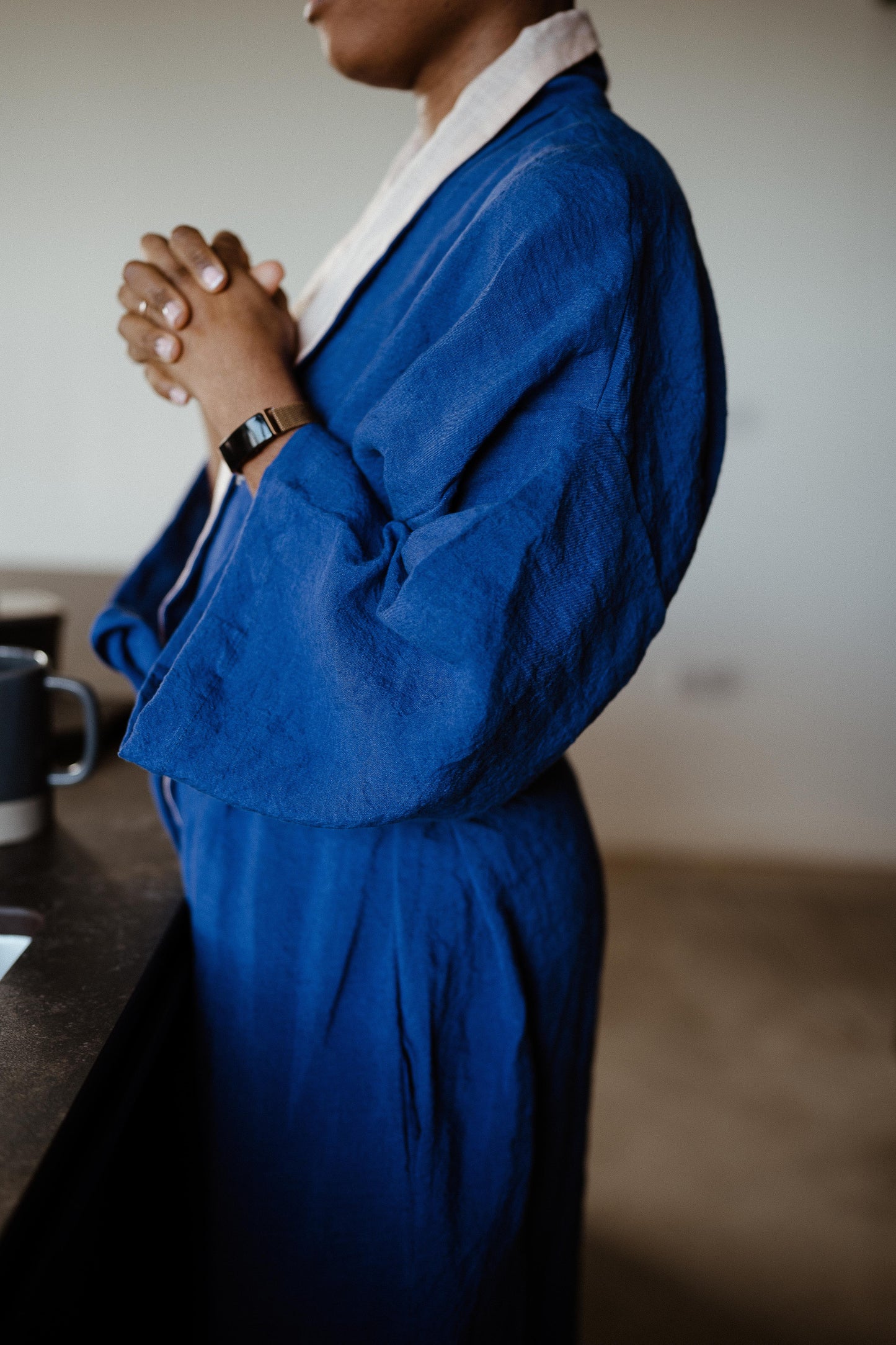 DANA ROBE | Your morning coffee will hit a little different wearing The Dana Robe. Created with our much loved striking blue linen, and contrasted with a soft pink naturally dyed lapels. Dana is a little the little bit of luxury your morning routine needs