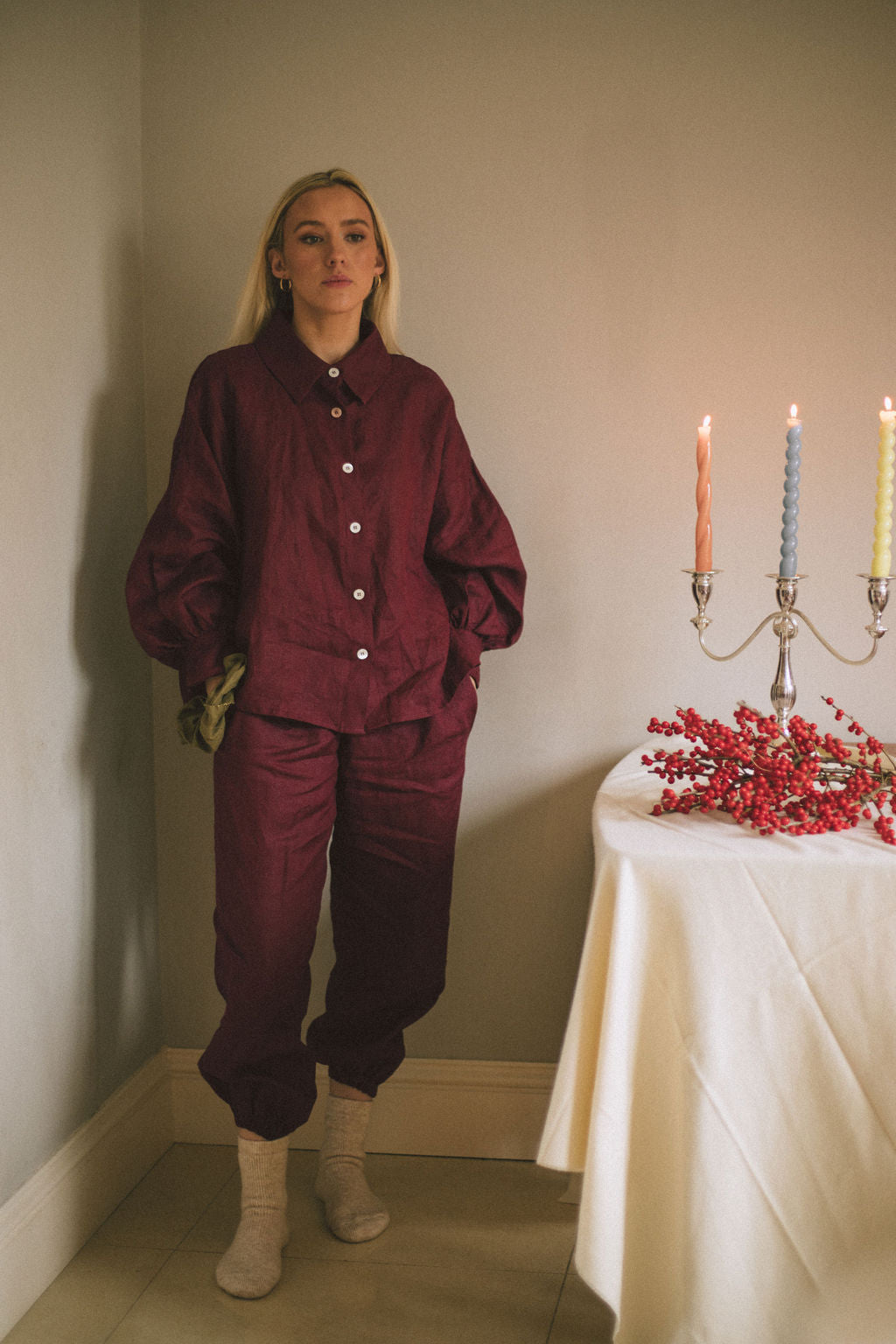 MERLOT LOUNGEWEAR SET | Our signature Cadhla loungewear set in a new rich colourway - Merlot. This set is designed to wear both in and out of the house. The buttons on the Cadhla blouse can also be worn to the back, making this a versatile wardrobe staple