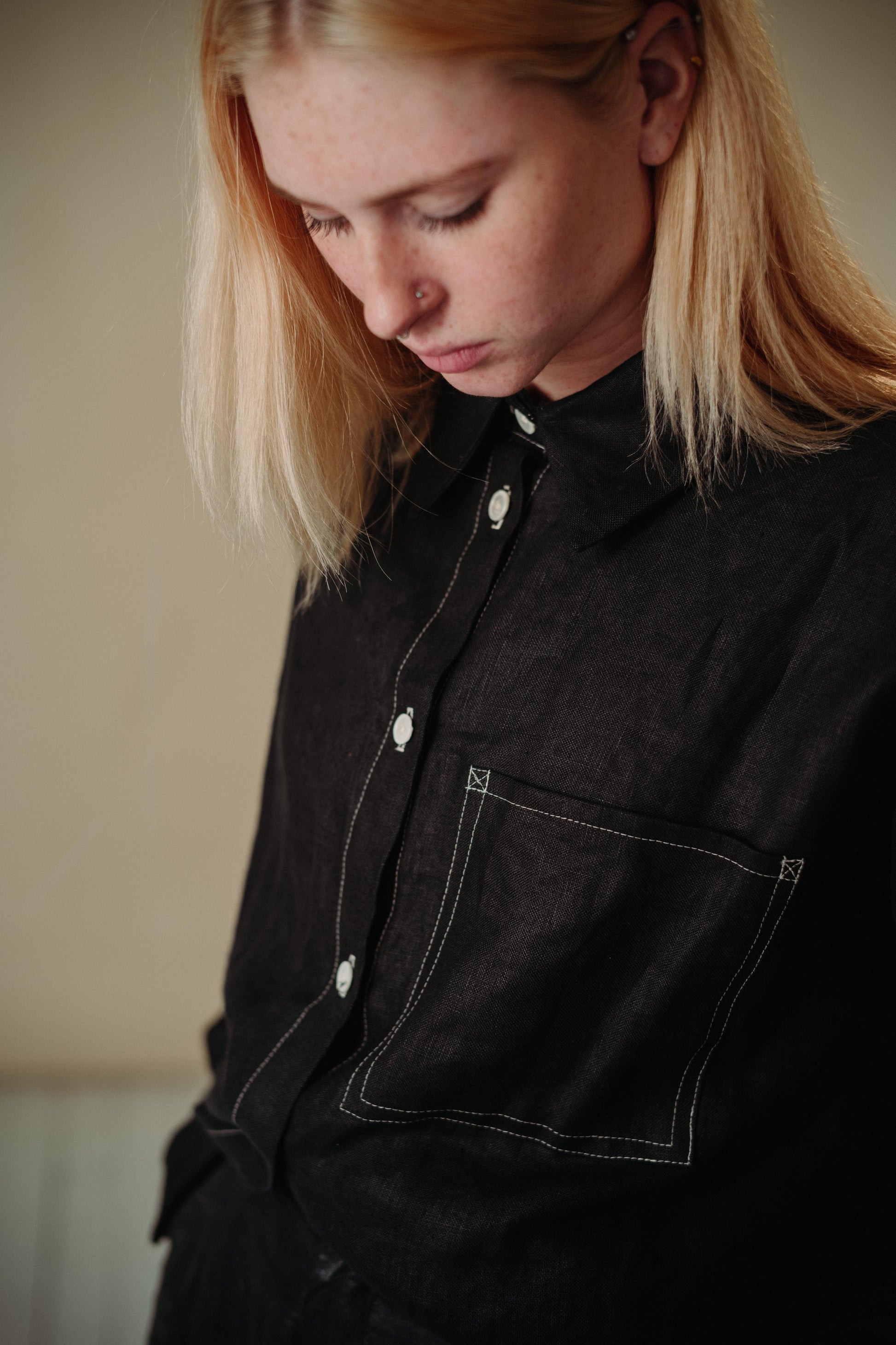 DAD SHIRT | BLACK | The Dad shirt- inspried by one of Amy's favourite oversized shirts, poached from her Dad's wardrobe! The shape of the shirt has been carefully considered- a longer length, oversized pocket, collar and cuff details make this a wardrobe