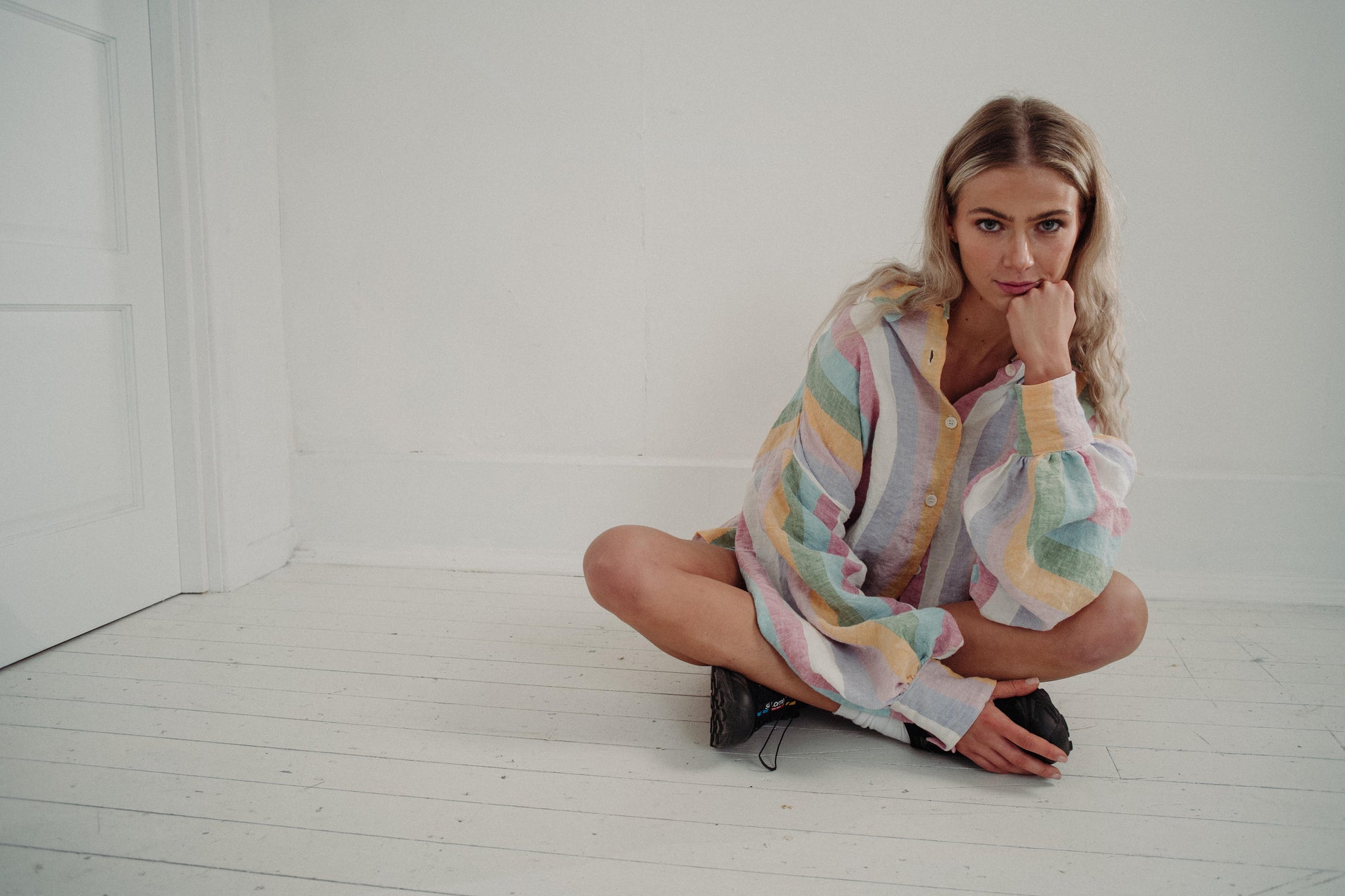 DOVE CADHLA SET | SHORTS | Our original Cadhla shirt set made with custom designed, rainbow Irish linen. This is such a 'feel good' summer set. Wear together or as separates - the combination of pastel stripes with voluminous sleeves are sure to put you i
