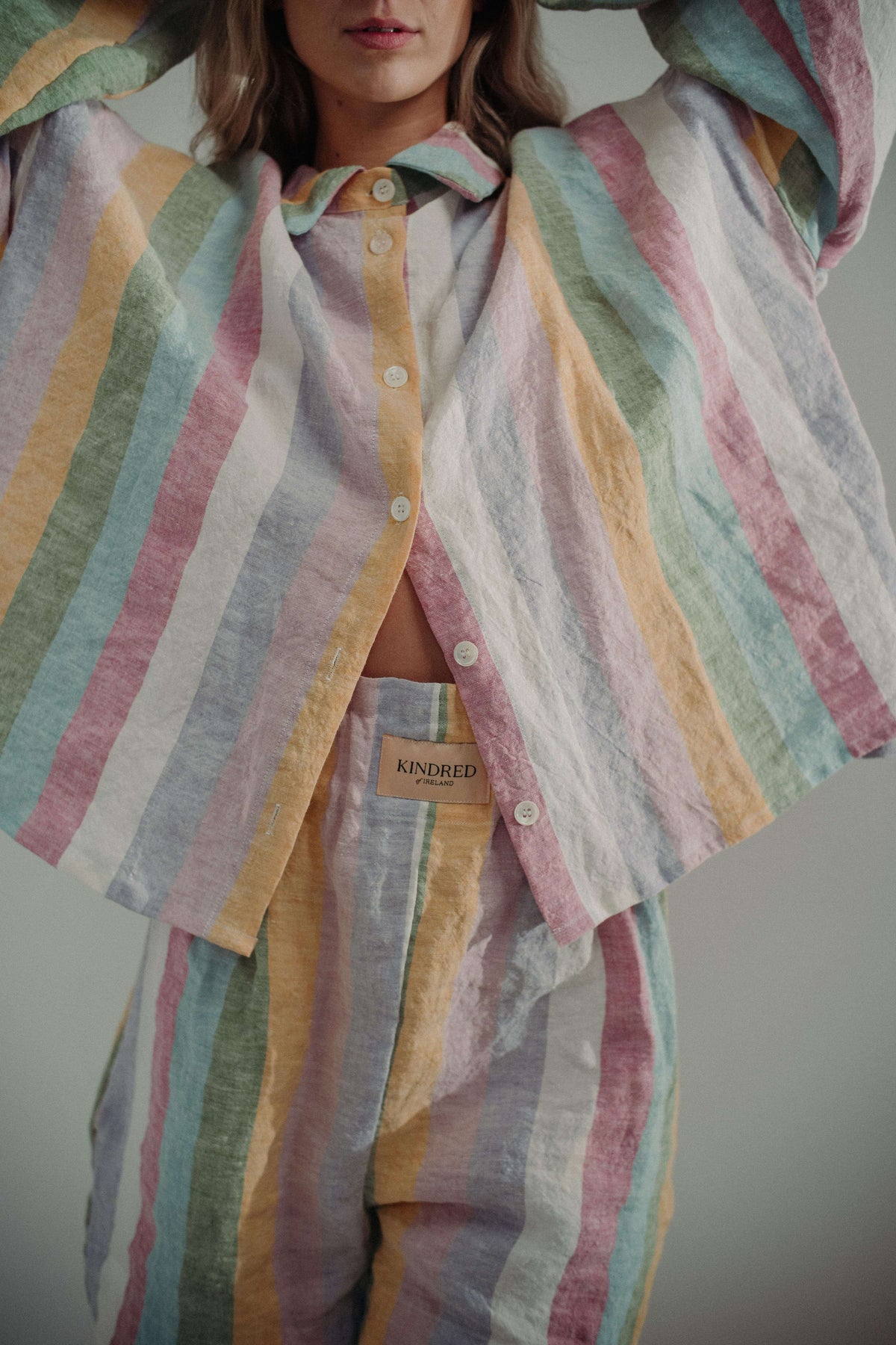 DOVE CADHLA SHORTS | Add a subtle spash of colour to your Summer wardrobe. The Dove shorts are created with our custom rainbow stripe Irish linen. The shorts are comfortable and flattering making them an easy to wear summer staple. An elasticated waistban