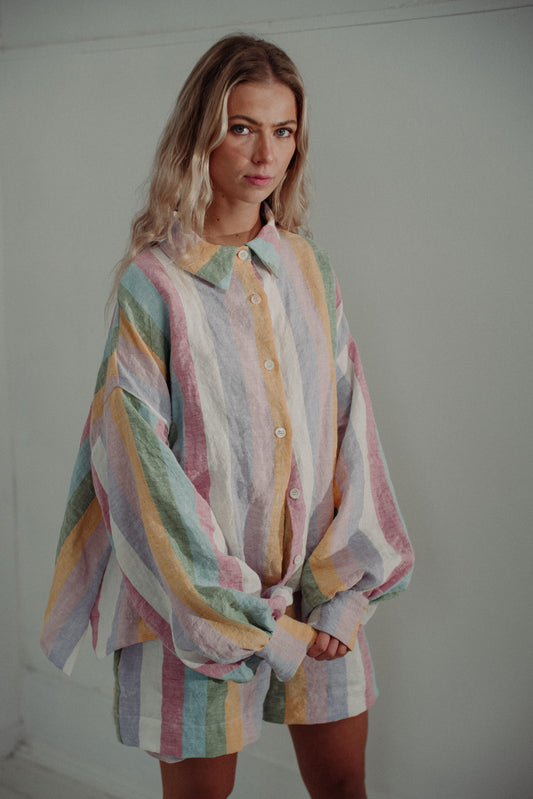 DOVE CADHLA SET | SHORTS | Our original Cadhla shirt set made with custom designed, rainbow Irish linen. This is such a 'feel good' summer set. Wear together or as separates - the combination of pastel stripes with voluminous sleeves are sure to put you i