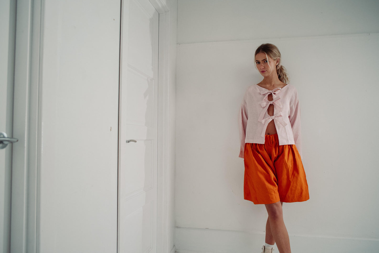 SOLERO SHORTS | Baggy, oversized shorts with an elasticated waistband. Created with bright orange linen, these shorts are a statement yet so comfortable and wearable.