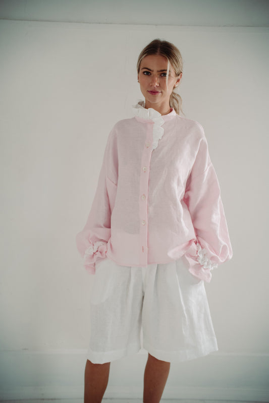 MARSHMALLOW BLOUSE | The Marshmallow Blouse is a fun interpretation of a favourite summer memory of toasting marshallows round the fire on the beach. The shirt features an assymetric frill detail on the collar - one side has structured white frills and th